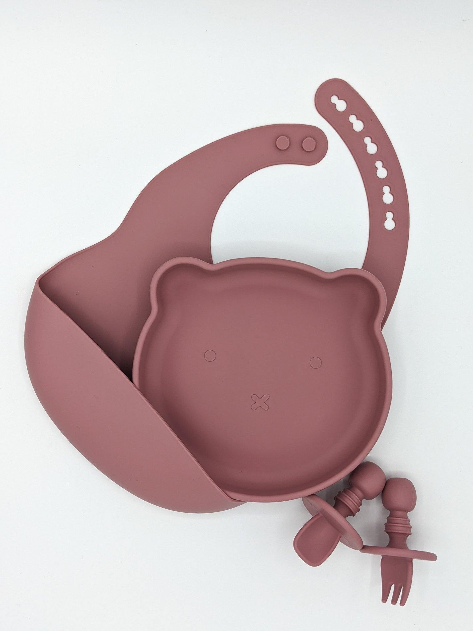 The Complete Bear Feeding Set Rose – Children’s Silicone Tableware – Tiny Roo