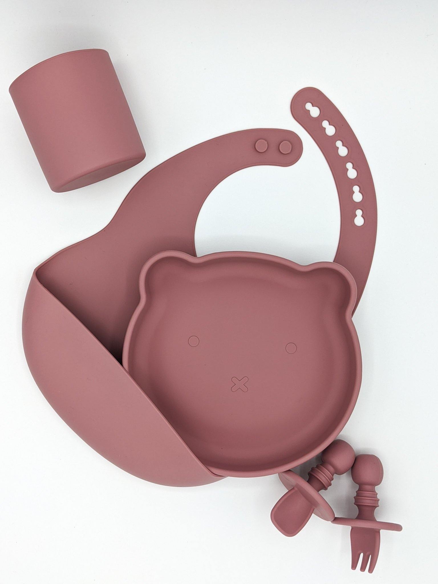 The Ultimate Bear Feeding Set (includes cup) Rose – Children’s Silicone Tableware – Tiny Roo