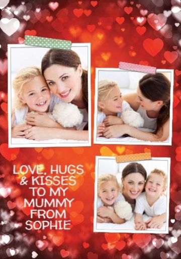 Three Photo Upload On Blurred Red Hearts Mother S Day Card