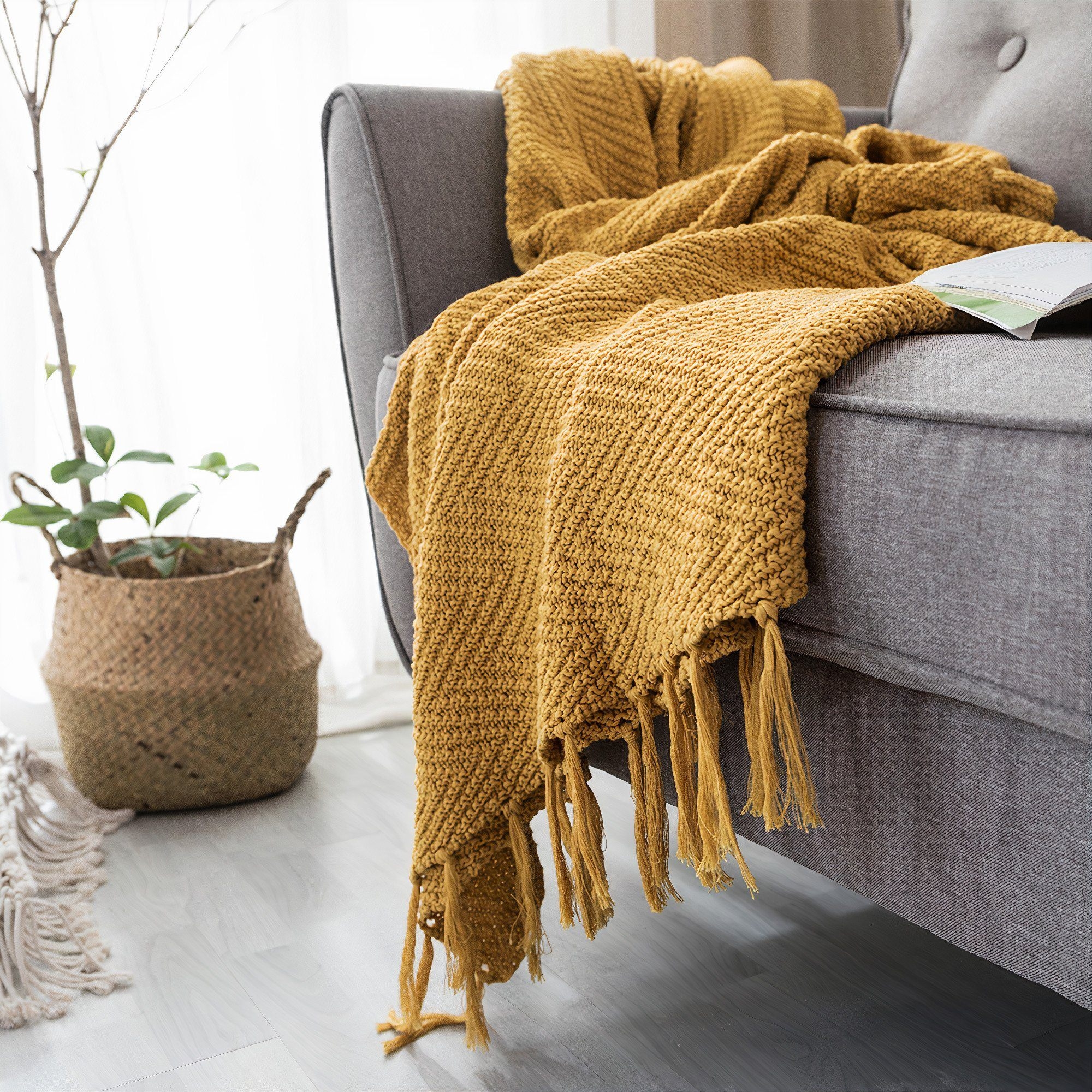Fringed Knit Throw – Mustard Yellow – Acrylic – The Trouvailles