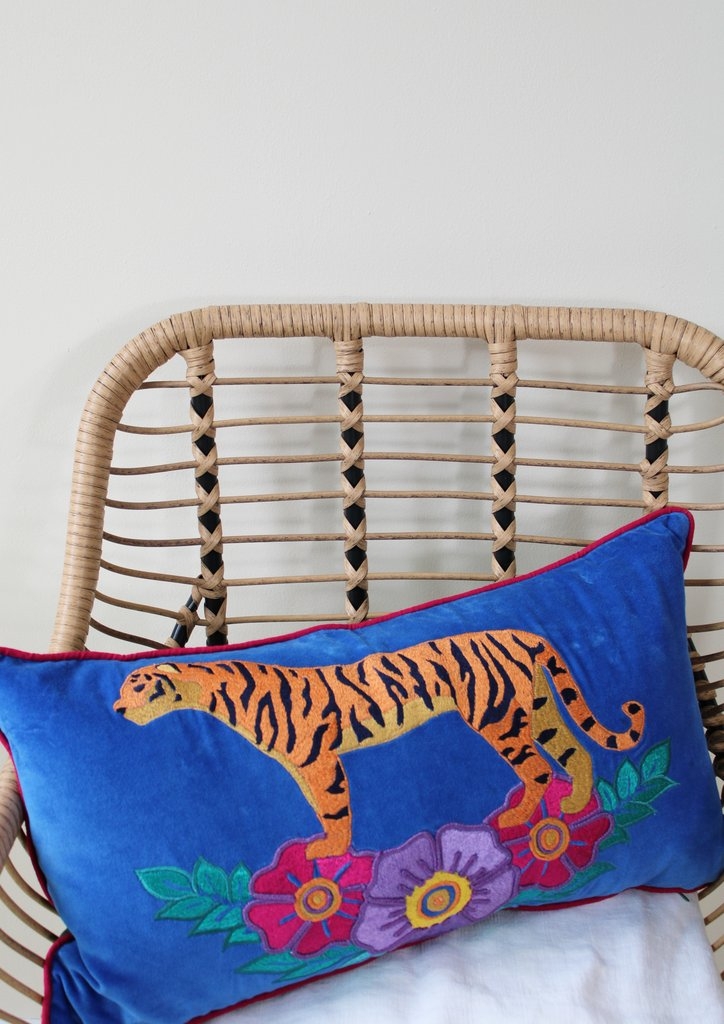 Wild Tiger Cushion Blue Velvet jungle embroidered | The Design Yard