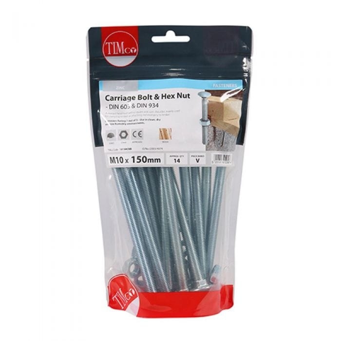 Timco – Carriage Bolt & Hex Nut – BZP M10 x 150 – 2 PCS