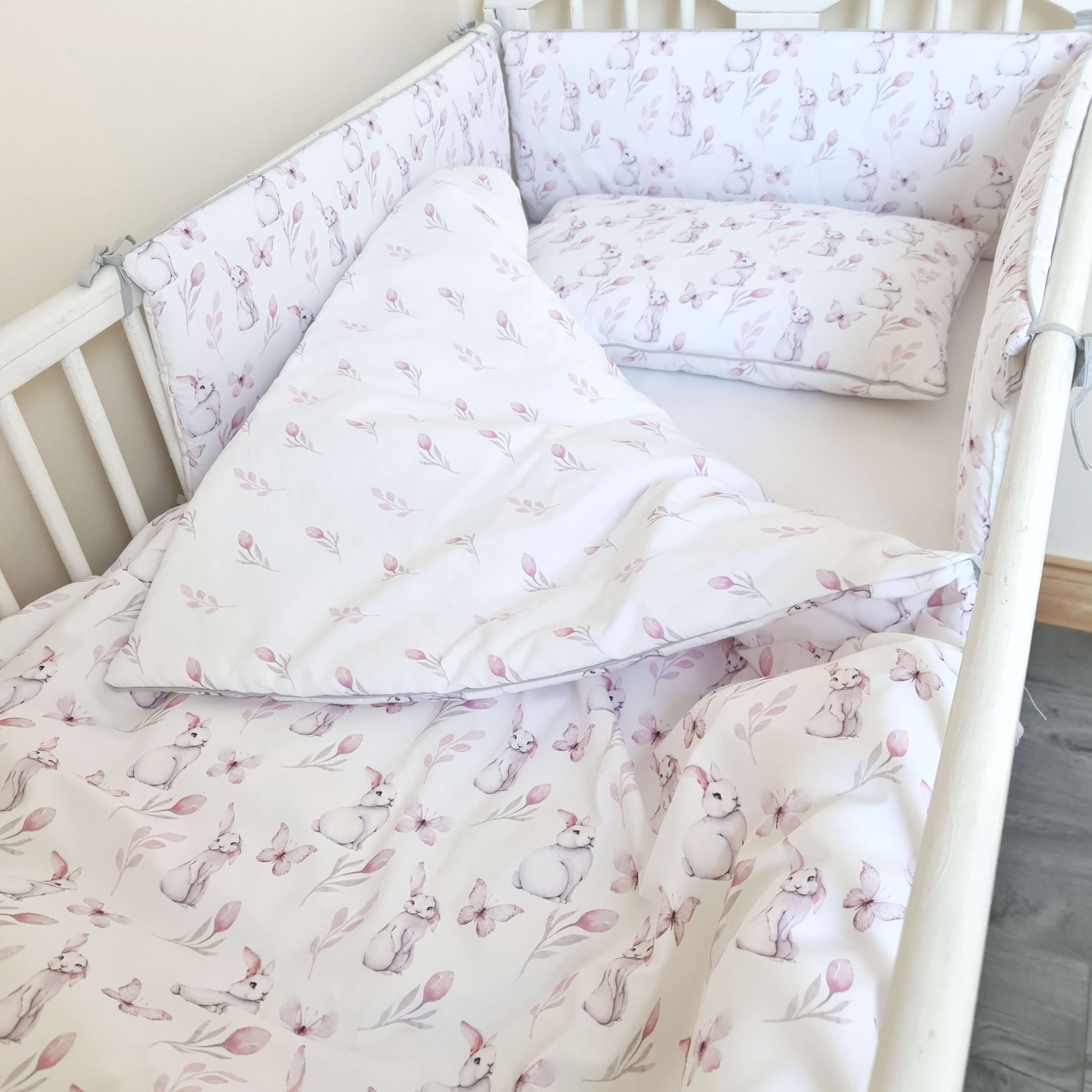 Toddler cot bed kit- 3 pc’s set duvet & pillow plus cot bed bumper- Bunnies & Butterflies