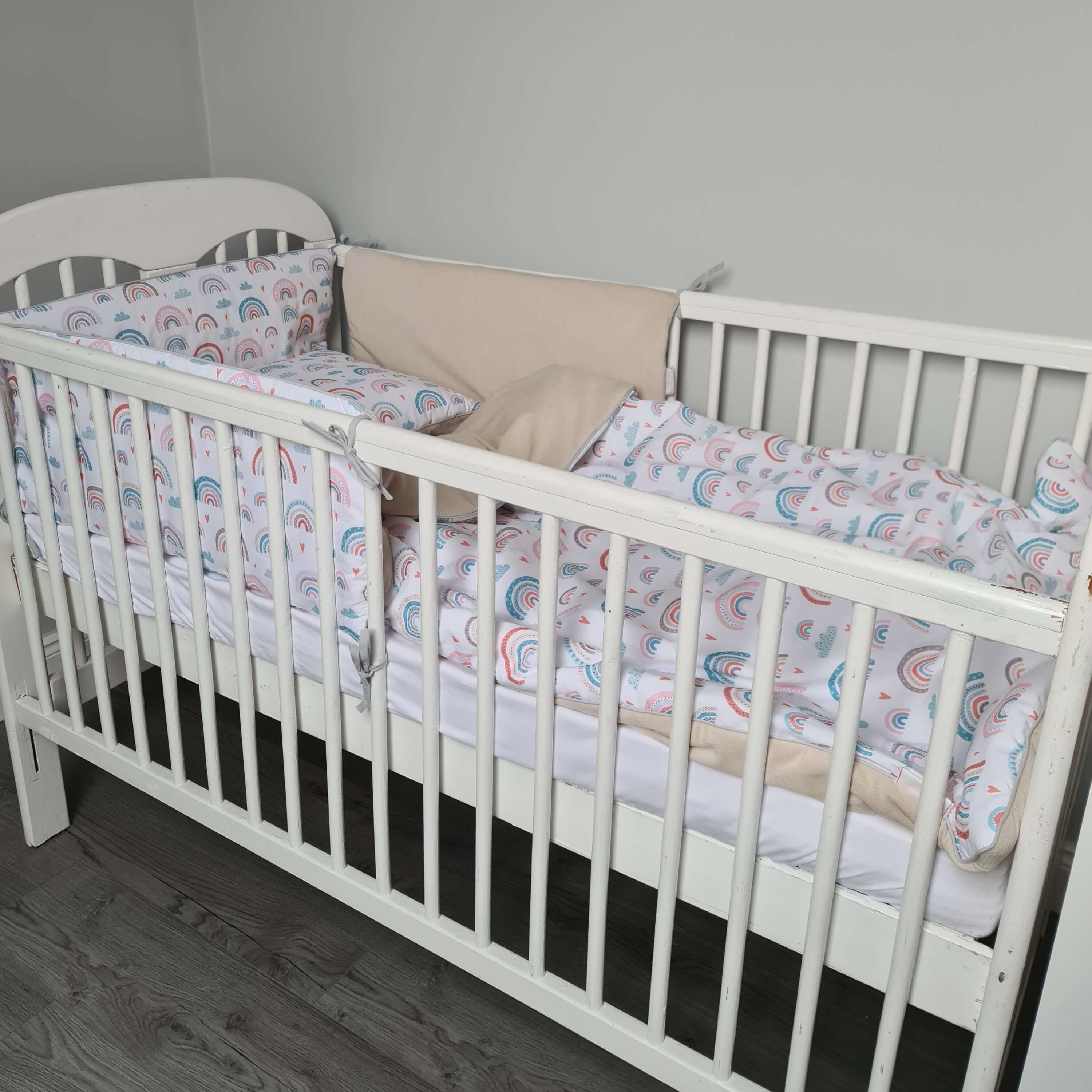 Toddler cot bed kit- 3 pc’s set- duvet & pillow plus cot bed bumper- Colours of the rainbow Rainbows print + tan colour plain soft velvet on reverse