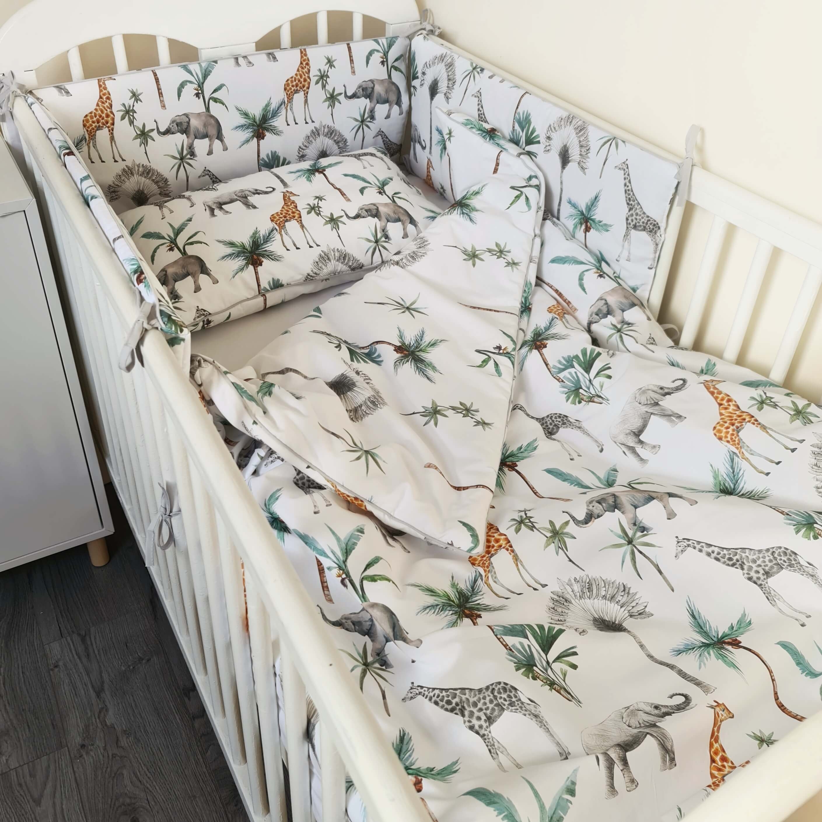 Toddler cot bed kit- 3 pc’s set duvet & pillow plus cot bed bumper- Safari & Palms