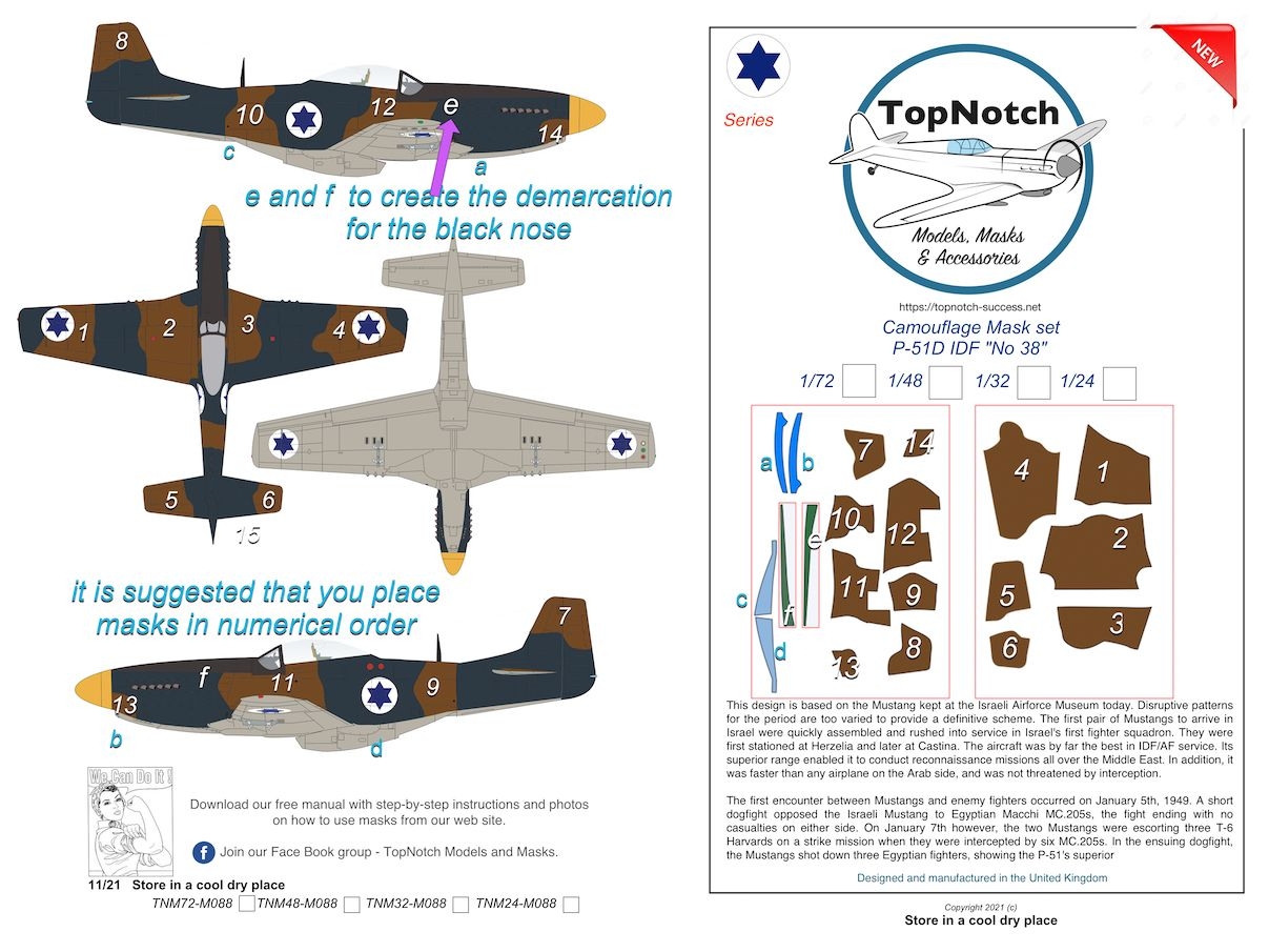 TopNotch 1/24 North-American P-51D Mustang IDF “No 38” Camouflage Mask – # 24-M089 – Model Hobbies