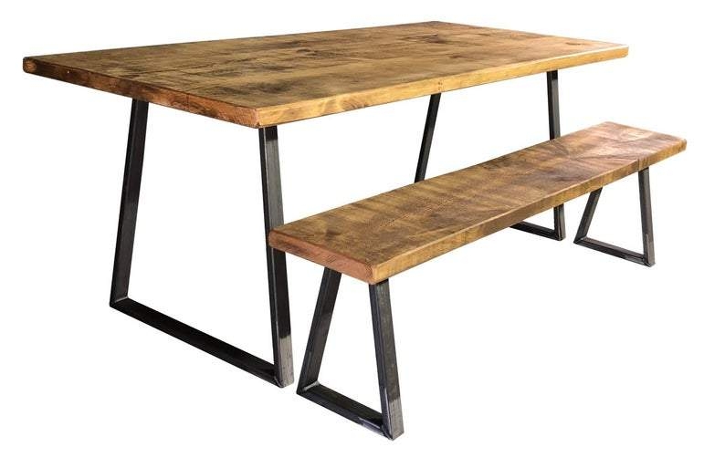 Tri Base Vintage Plank Top Dining Table with Triangle Steel Base – 150x80cm – Rugger Brown – No – Storm Interiors
