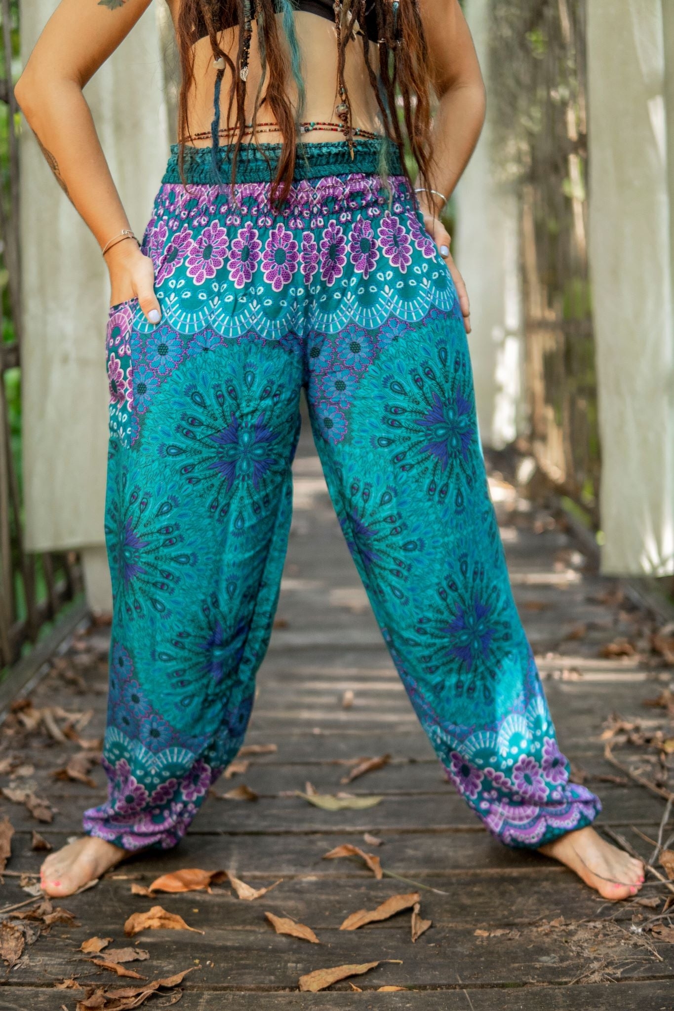 High Cut Harem Pants – Large Pink Flower Mandala – Turquoise – Medium/Large – The Karmic Chameleon