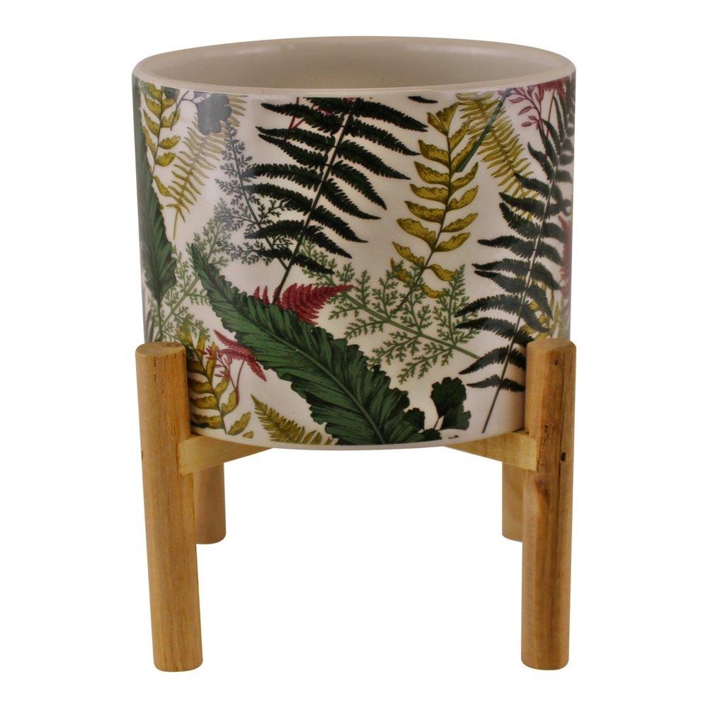 Fernology Ceramic Candle Pot with Wooden Stand – Full Fern Design