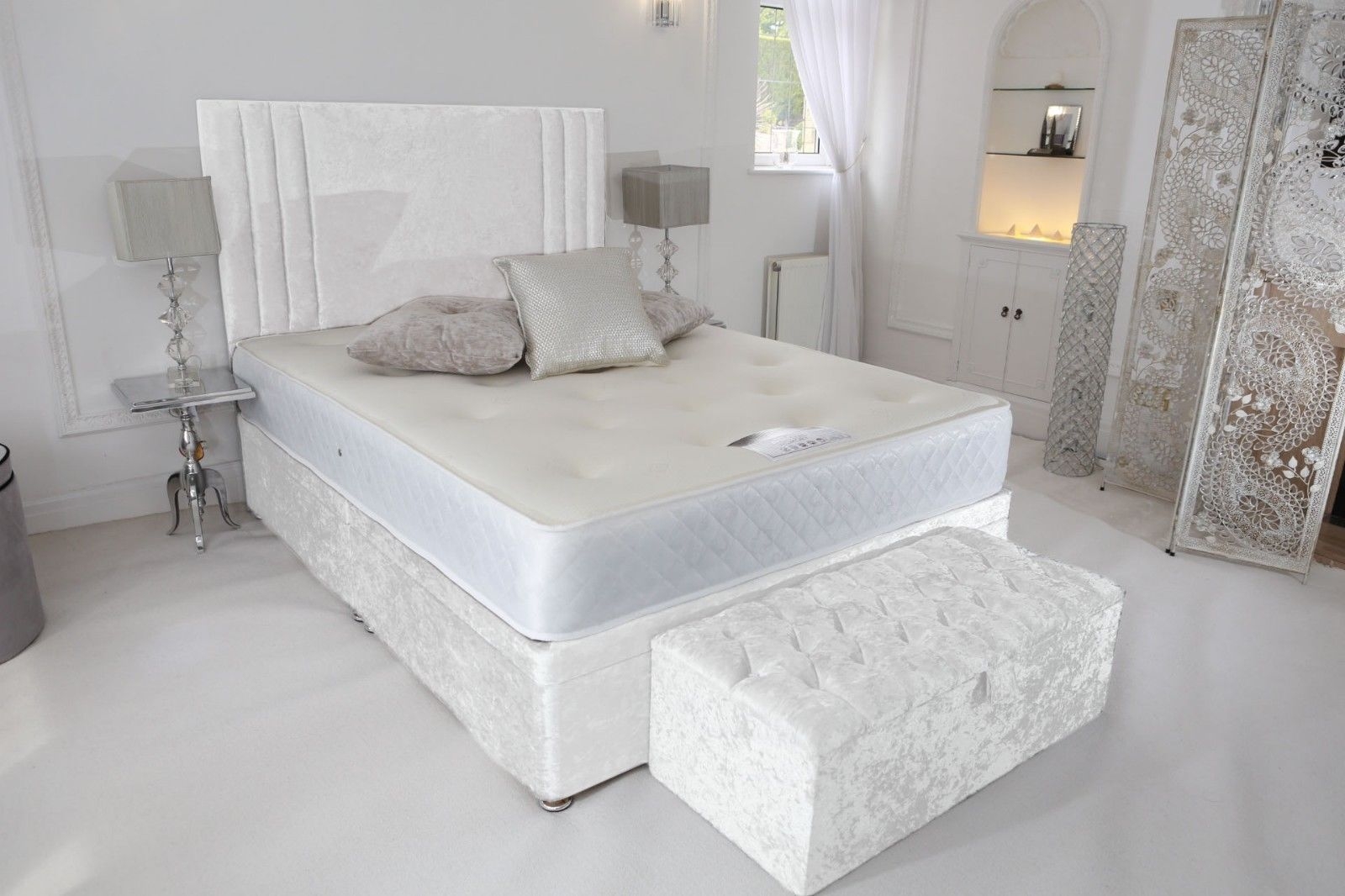 Crushed Velvet Divan Bed – White – Single, Small Double, Double, King & Super King Sizes Available – Headboard & Mattress Included