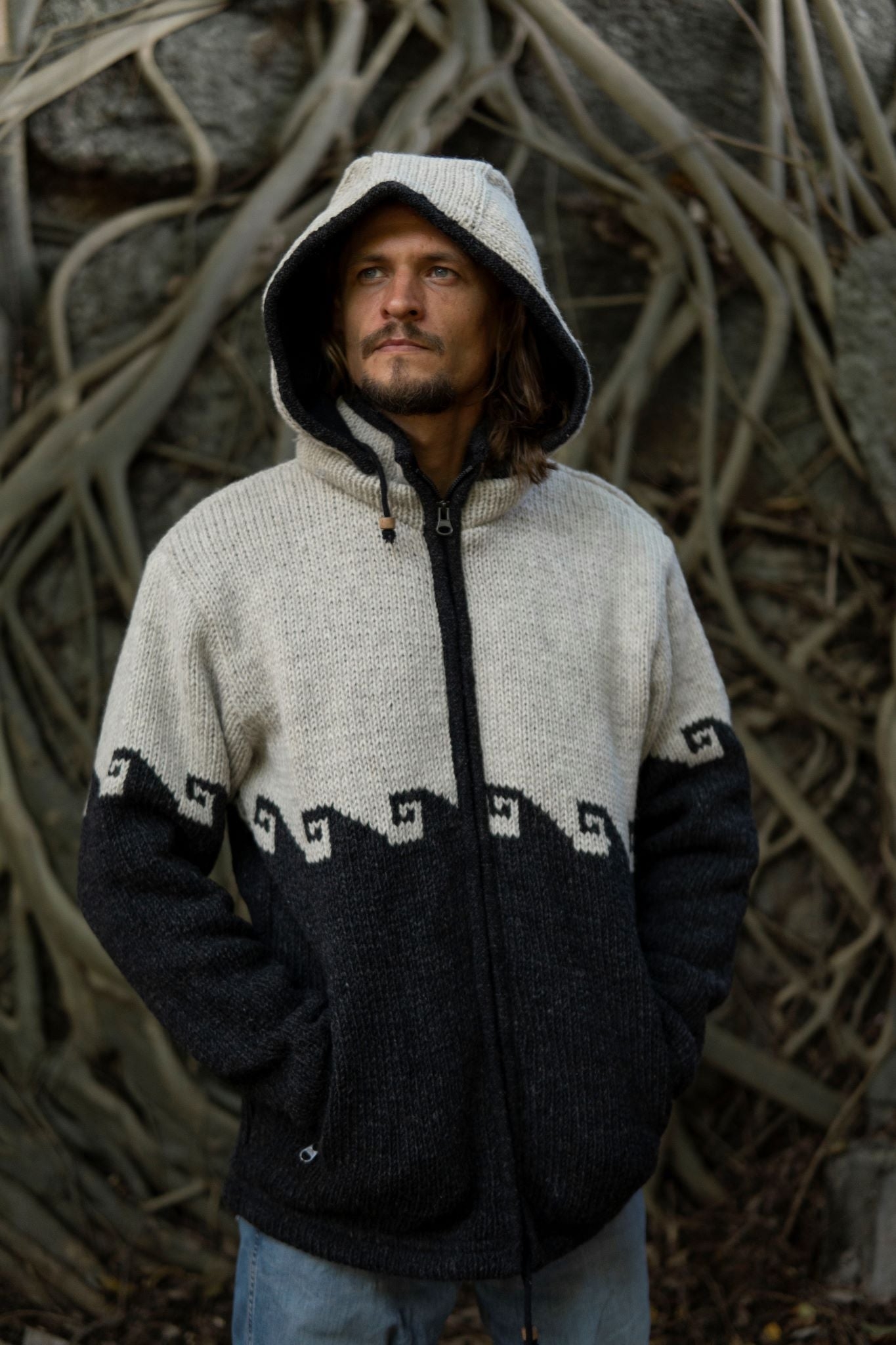 Wool Jacket – Cream & Grey – Waves – Medium – The Karmic Chameleon
