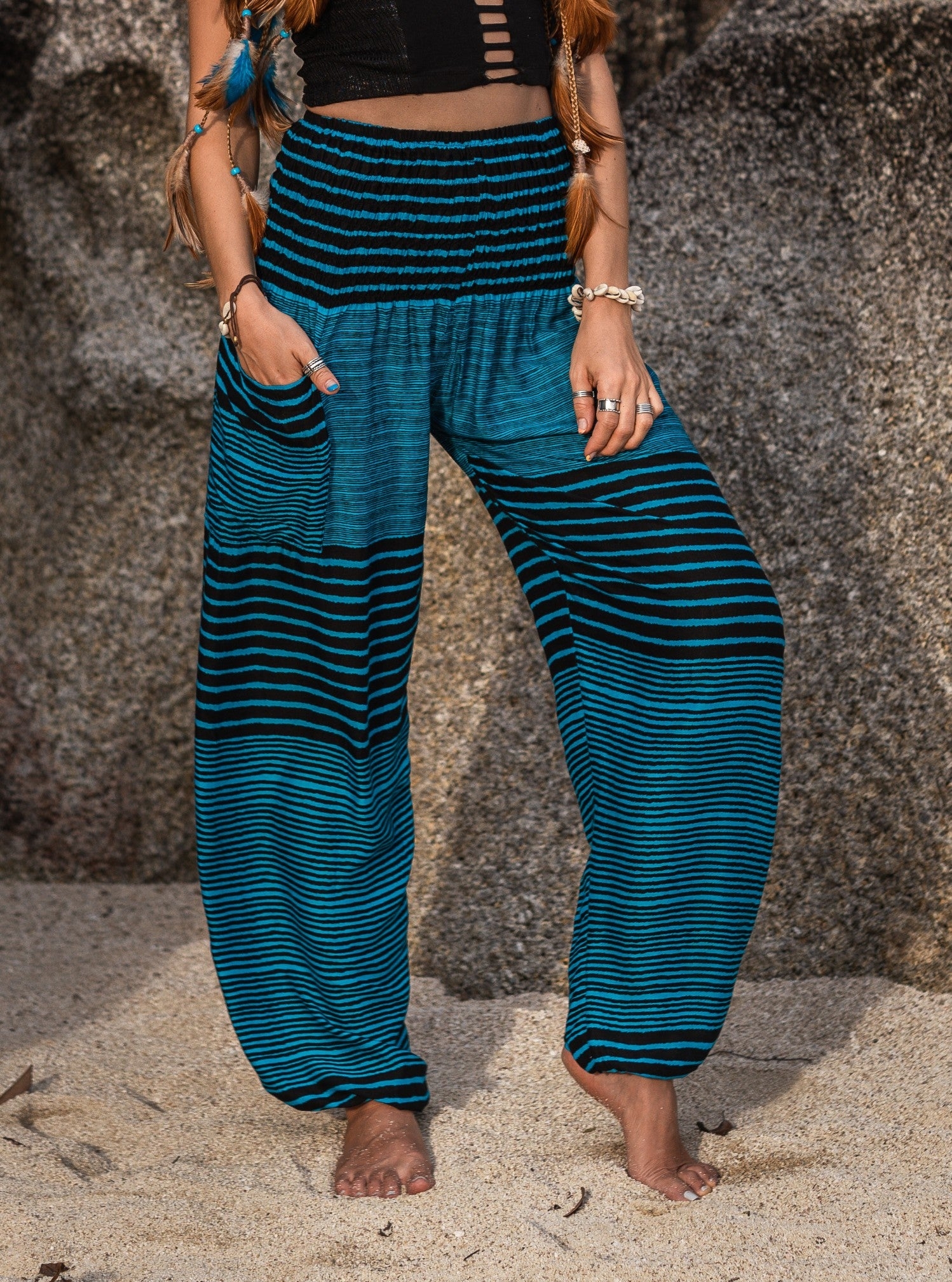 High Cut Harem Pants – Striped – Blue & Black – Small – The Karmic Chameleon