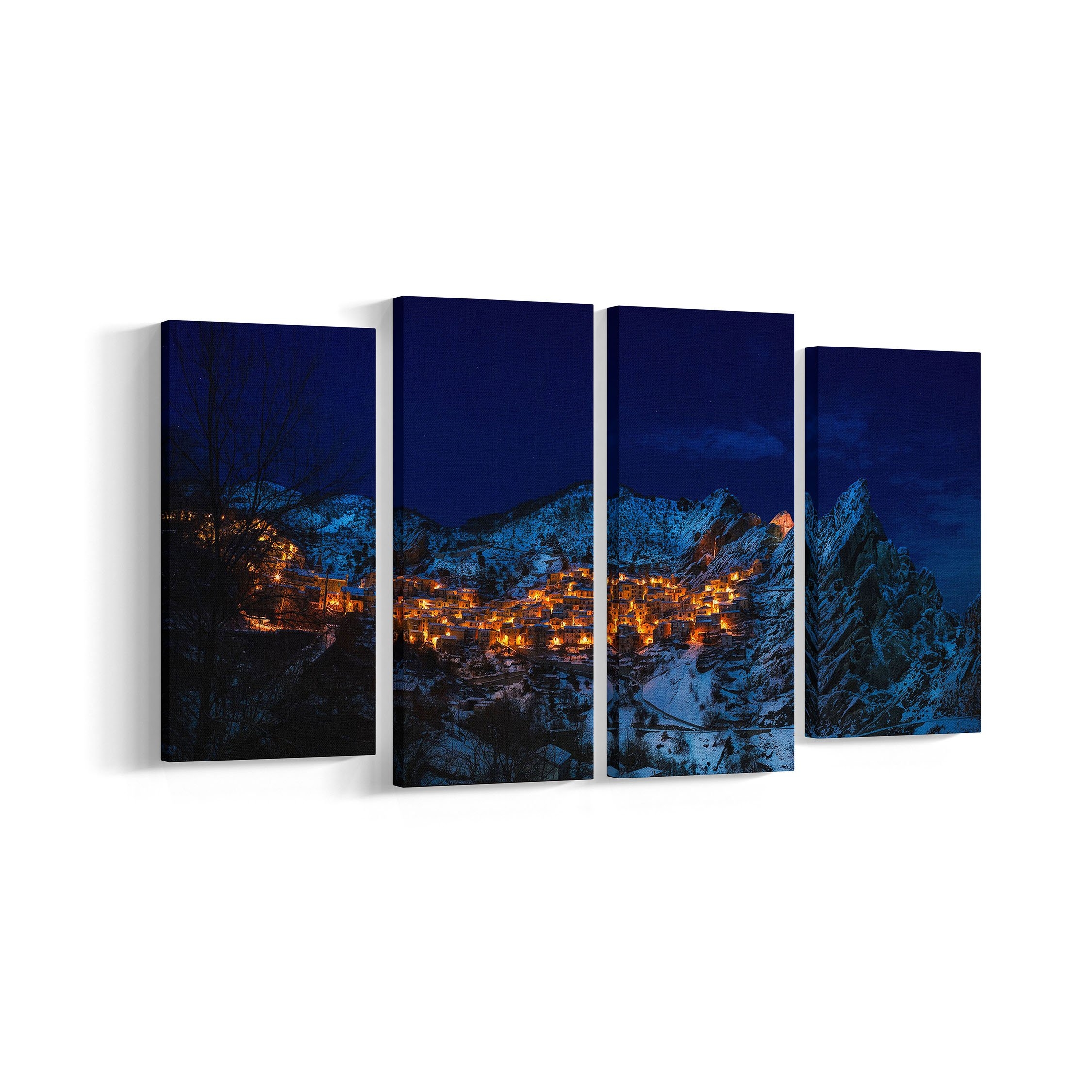 Castelmezzano Italian Village Night View 4 Panel Canvases – Landscape – Ai Printing